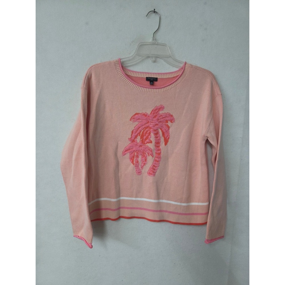 Talbots Palm Tree Sweater Womens Medium Petite Pink Cotton Crewneck Striped Hem
